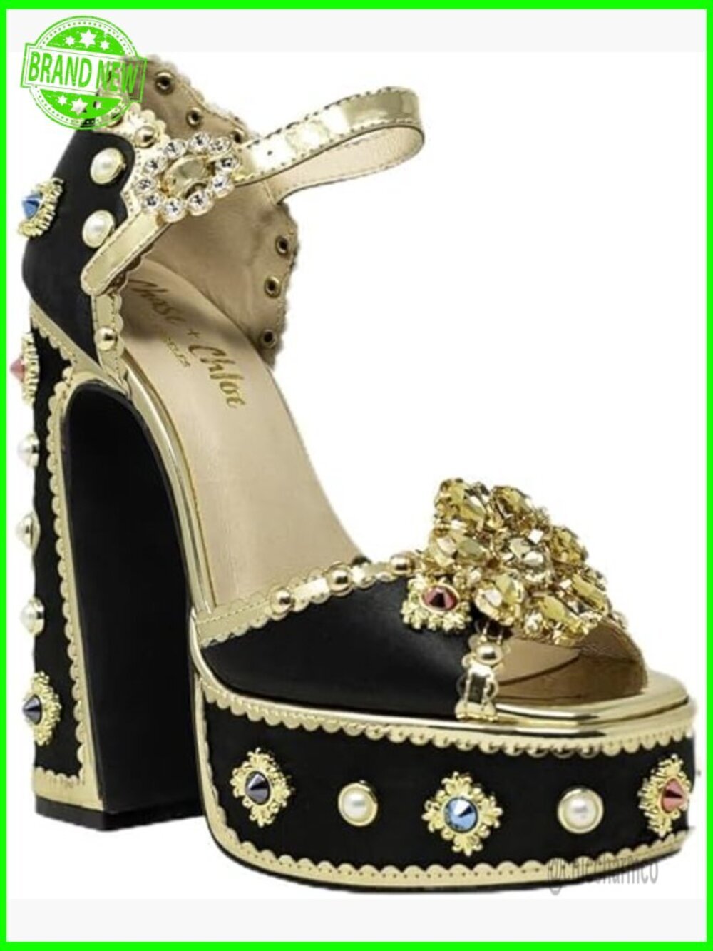 Multi Color Jeweled Platform Sandals Chunky Block High Heels